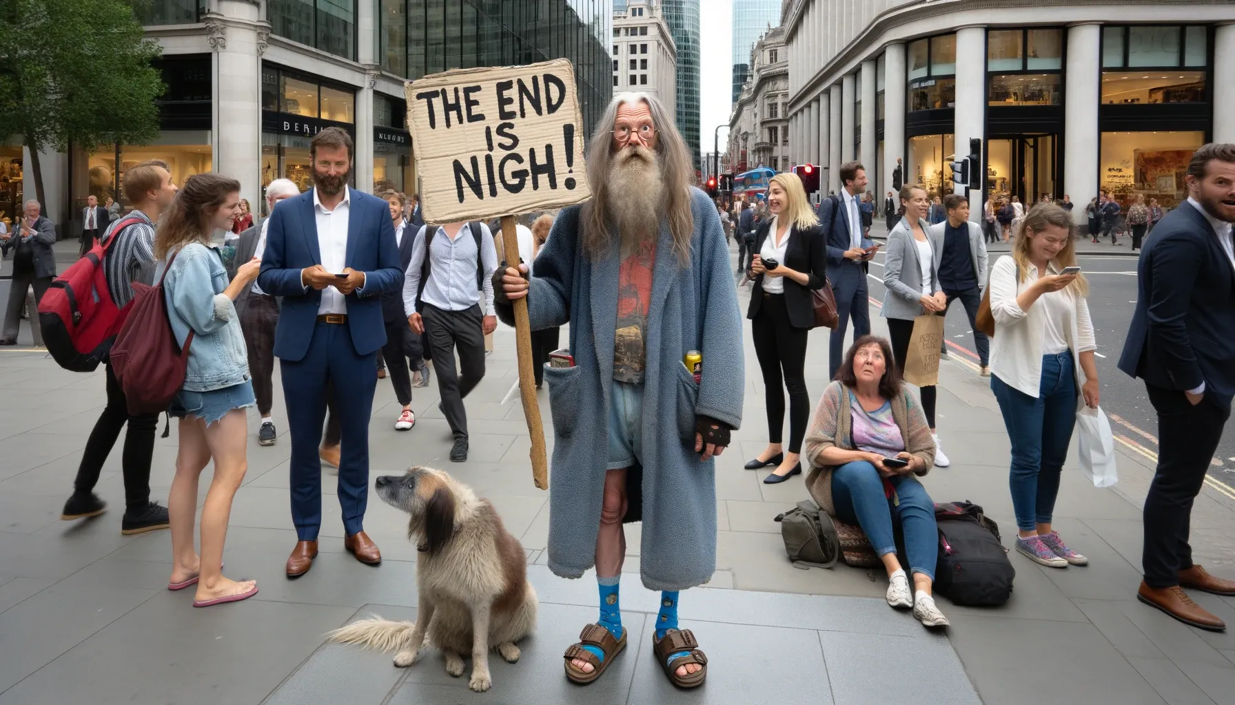 Old, long-haired dude, wearing sandals and a dirty robe, holding "The END is NIGH!" sign.