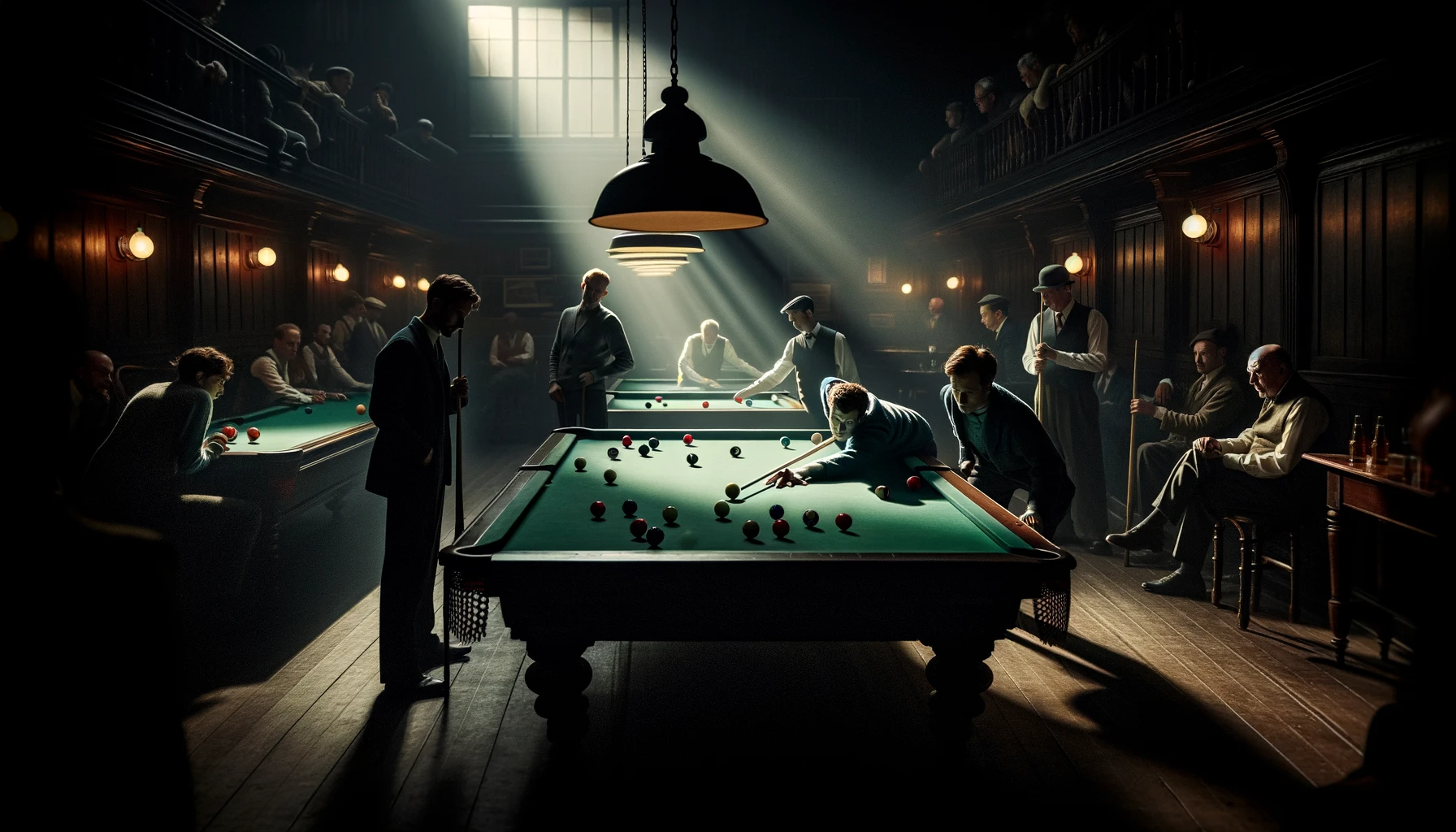 A dimly lit pool hall scene. "Stands for Pool," by Marcel Gagné, created with DALL-E. 