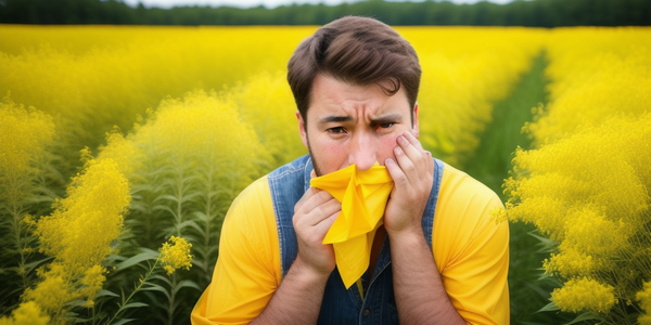 A man suffering from allergies, in the middle of a field of goldenrod. SD art by Marcel Gagné