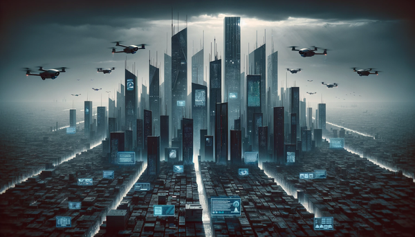 "Eyes and Ears, Everywhere!", image of a distopian future city without privacy, by Marcel Gagné, created with DALL-E 3